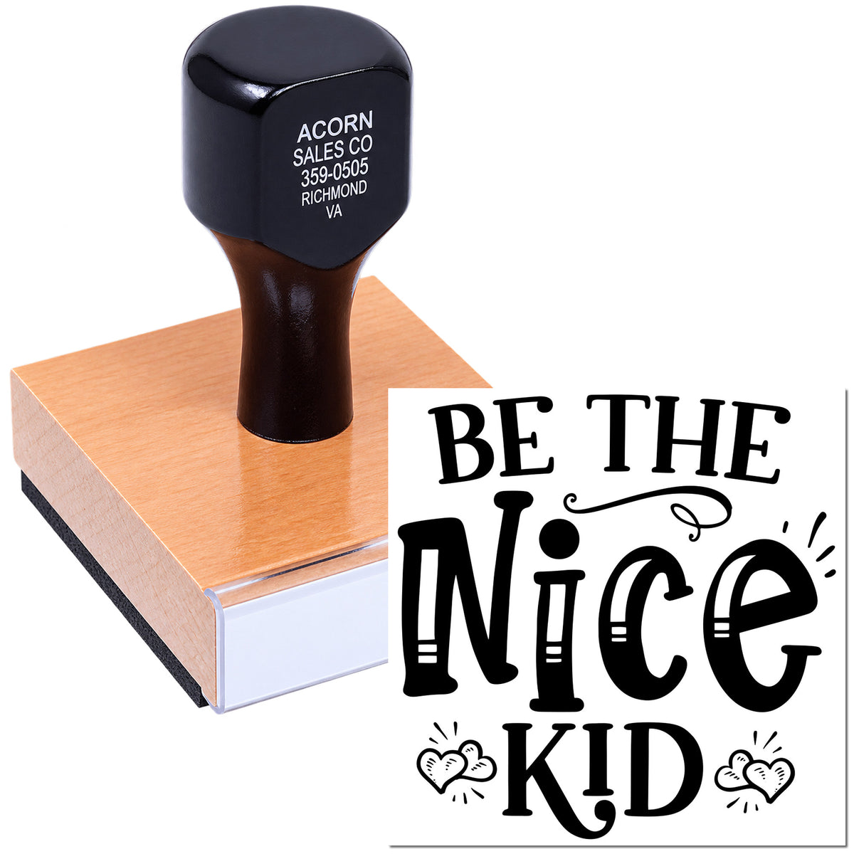 Custom rubber stamp with Be the Nice Kid motivational design and heart accents for crafts, classroom use, or gifting.