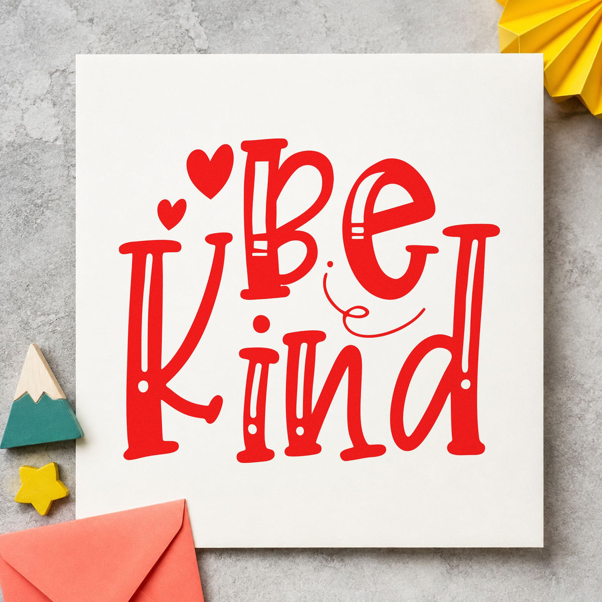 Be Kind Decorative Hearts rubber stamp shown in red ink, stamped for projects such as kennel info labels.