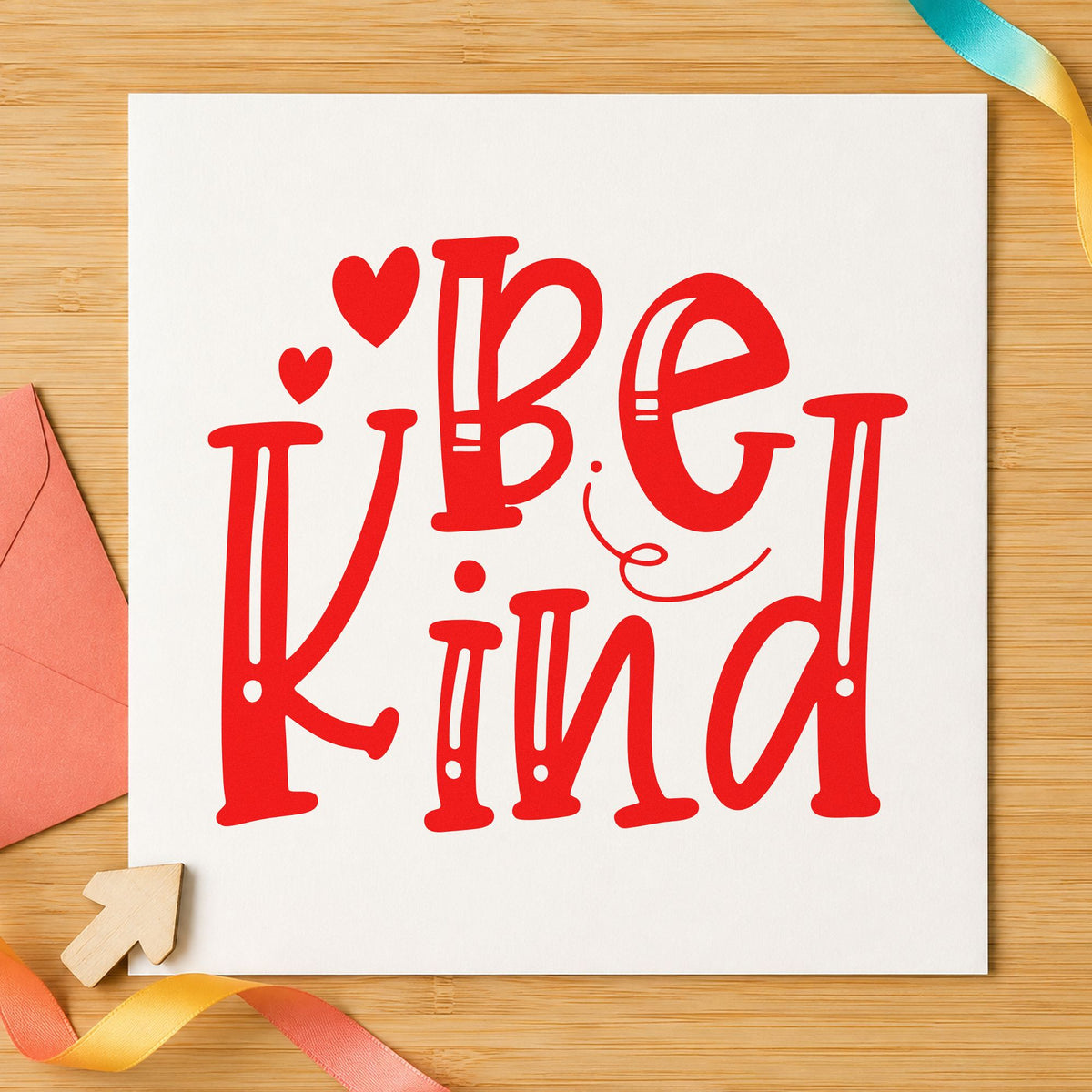 Be Kind Decorative Hearts craft stamp imprint in red ink on a handmade project, one idea being adoption follow cards.