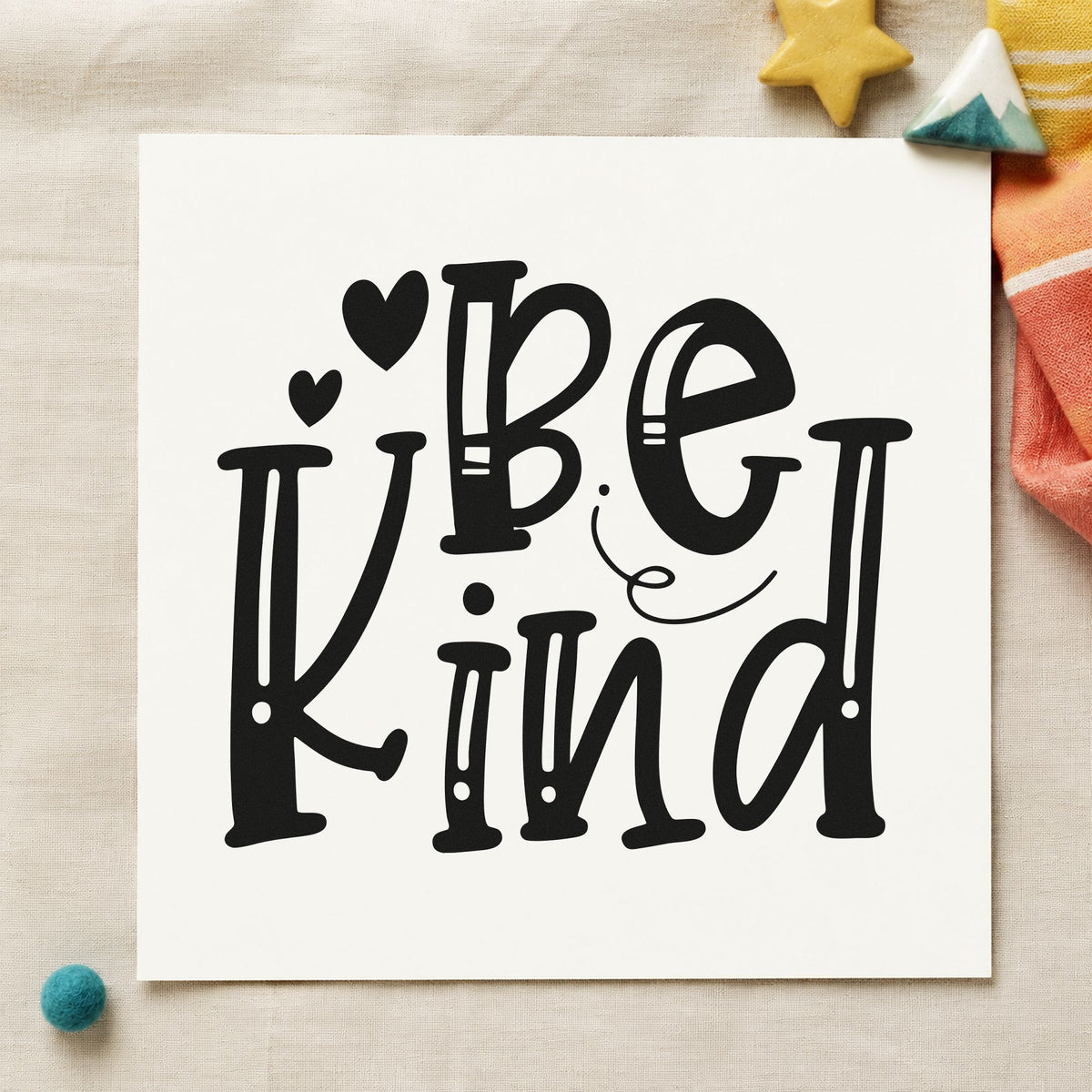 Be Kind Decorative Hearts rubber stamp printed in black ink, ready for two heart cards and similar paper crafts.