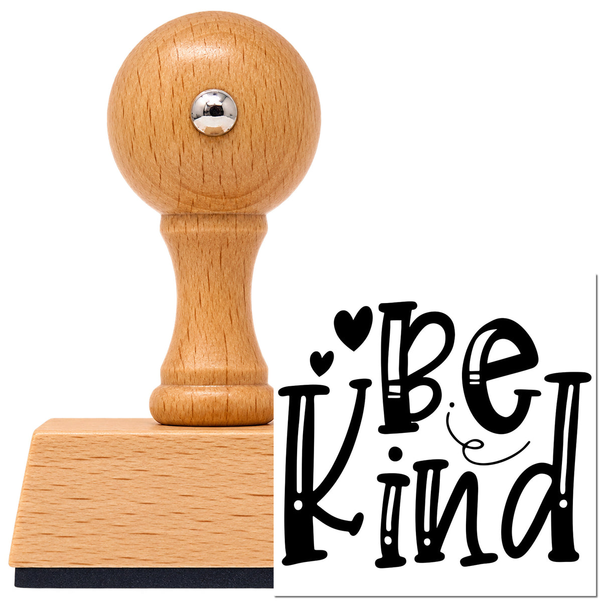 Be Kind Vintage Pro rubber stamp in European beech wood with a round knob handle, shown beside its black imprint.