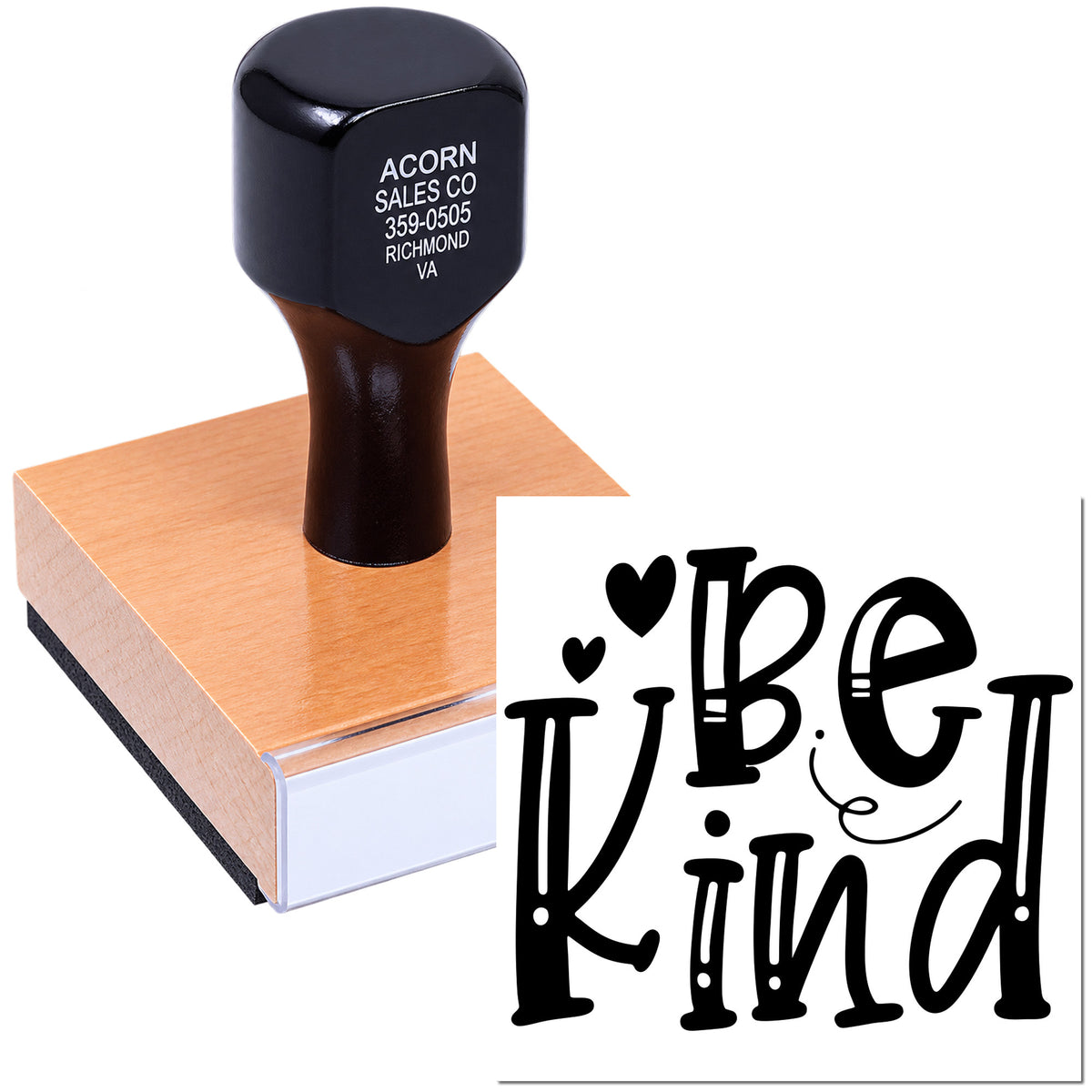 Be Kind rubber stamp design on wooden block for crafting, stationery, and handmade gift projects