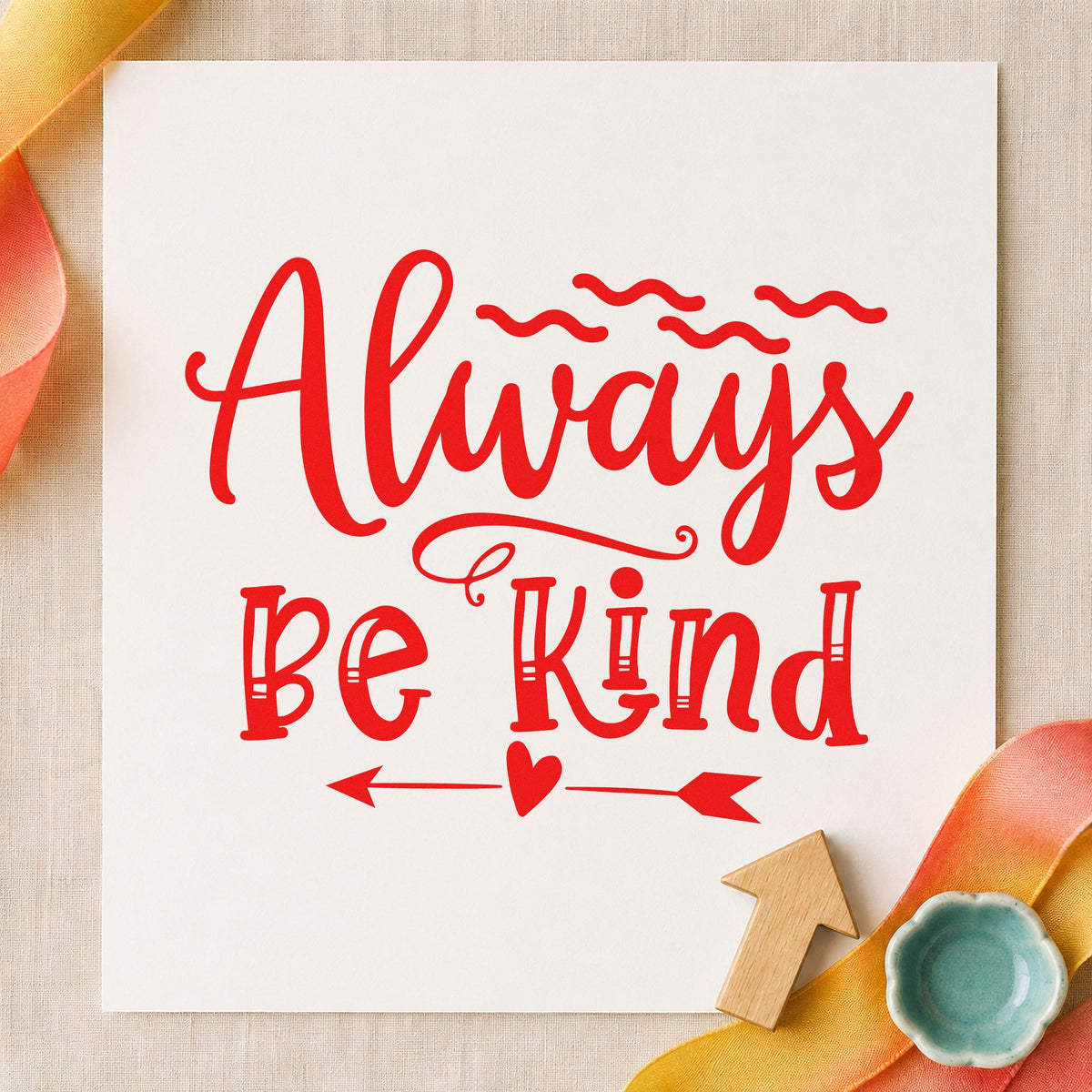 Always Be Kind Arrow craft stamp imprint in red ink on a handmade project, one idea being resident note cards.
