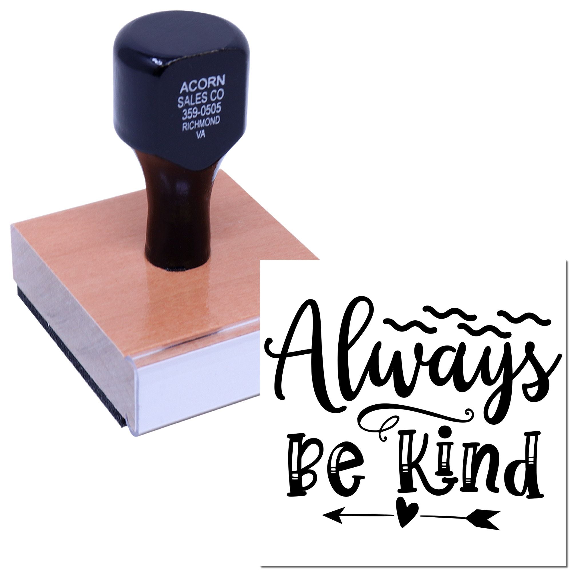 Custom rubber stamp with "Always Be Kind" inspirational design for stationery, packaging, and craft projects.