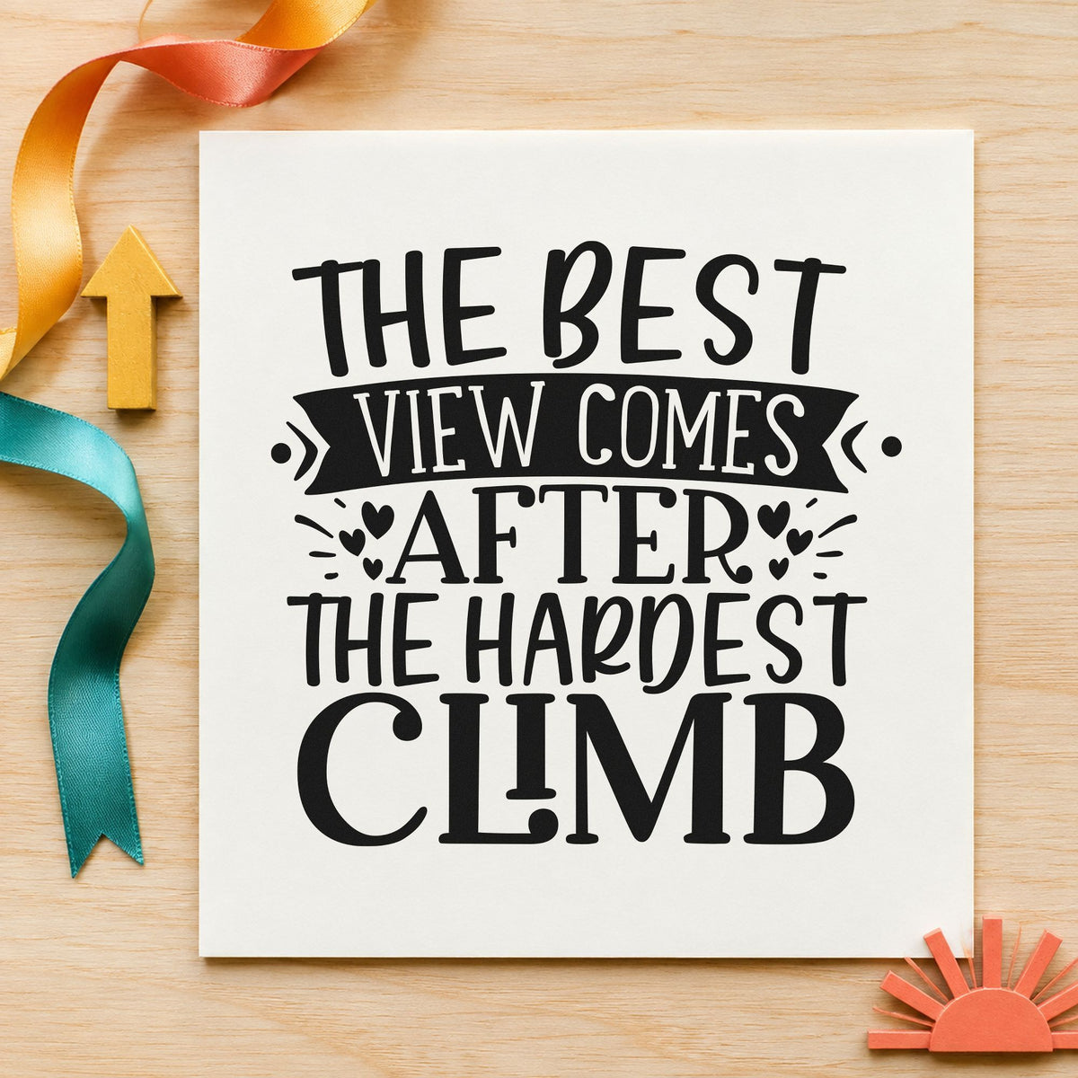 Best View After Hardest Climb craft stamp imprint in black ink on a handmade project, one idea being rope bag gift tags.