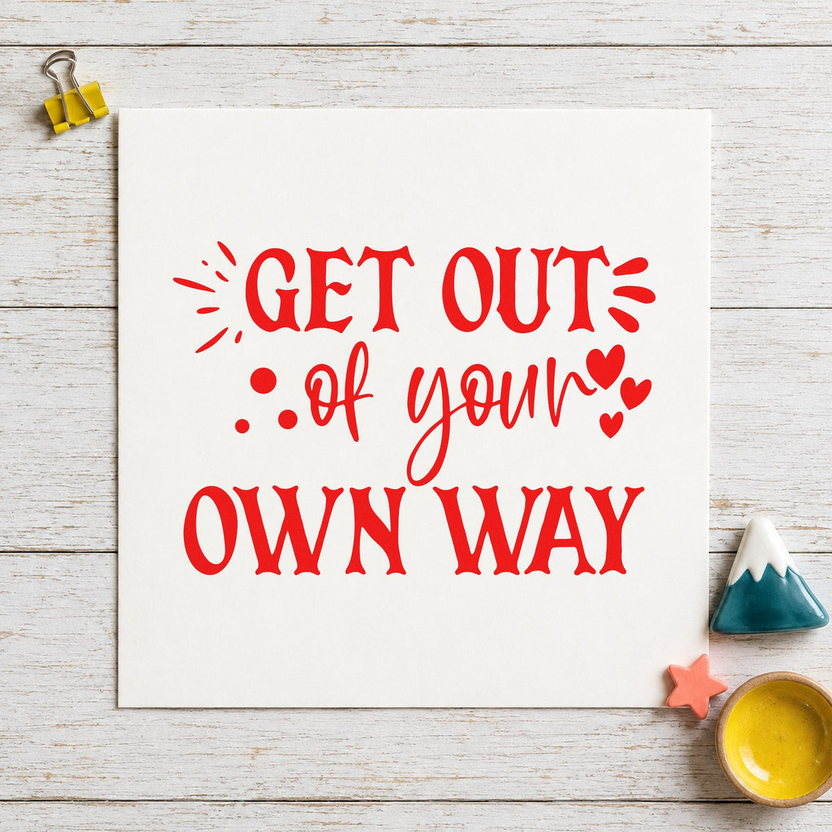 Get Out Your Own Way craft stamp imprint in red ink on a handmade project, one idea being chapter note cards.