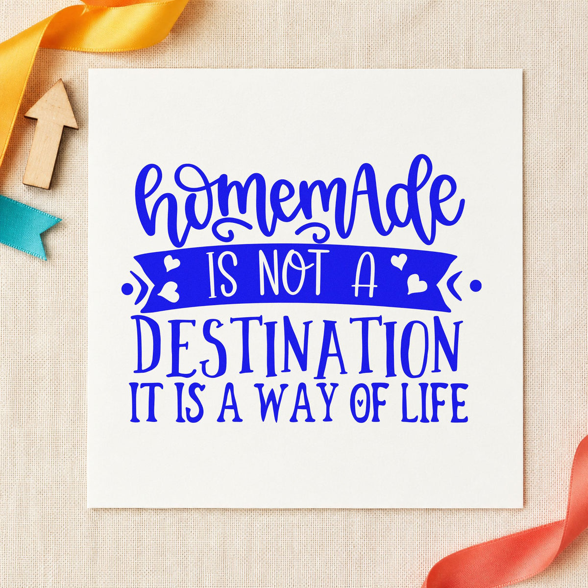 Homemade Way Of Life craft stamp imprinted in blue ink on paper, a design suited to framed kitchen door.