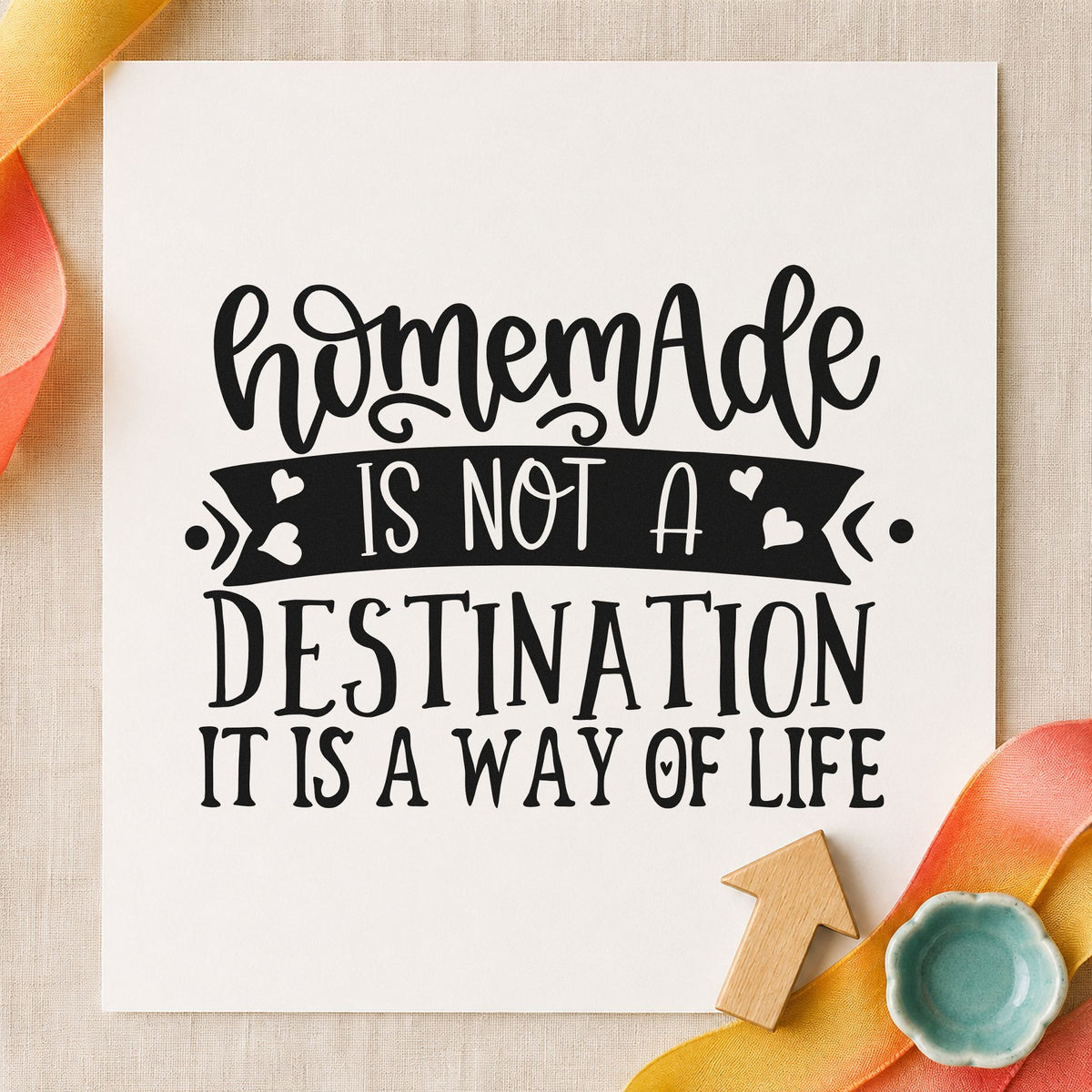 Homemade Way Of Life rubber stamp printed in black ink, ready for heart ribbon cards and similar paper crafts.