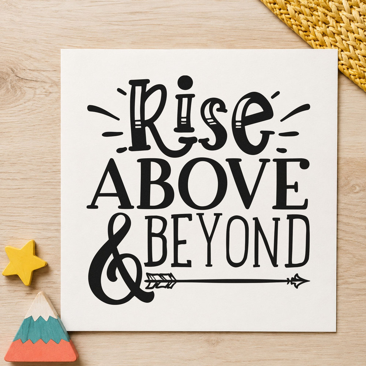 Rise Above And Beyond craft stamp imprint in black ink on a handmade project, one idea being crew pack gift tags.