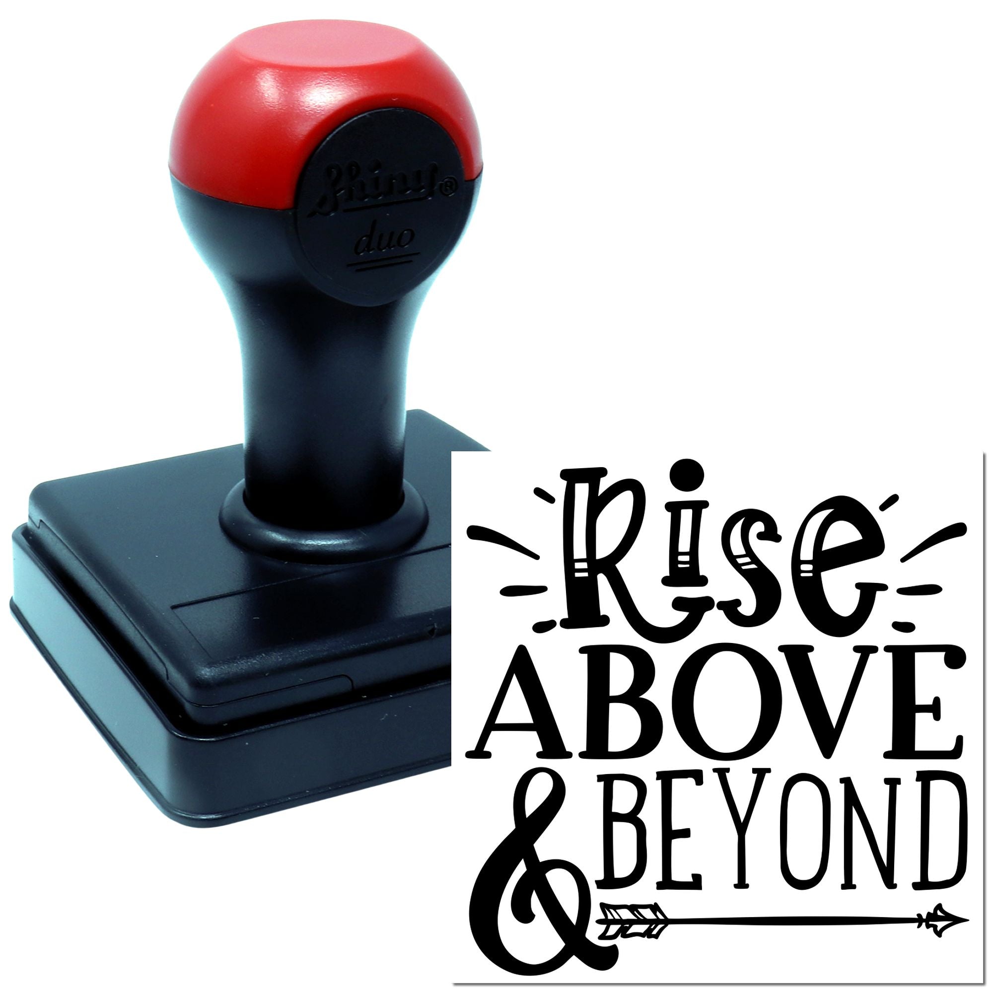 Self-inking rubber stamp with Rise Above & Beyond motivational design for office, teacher, or craft projects.