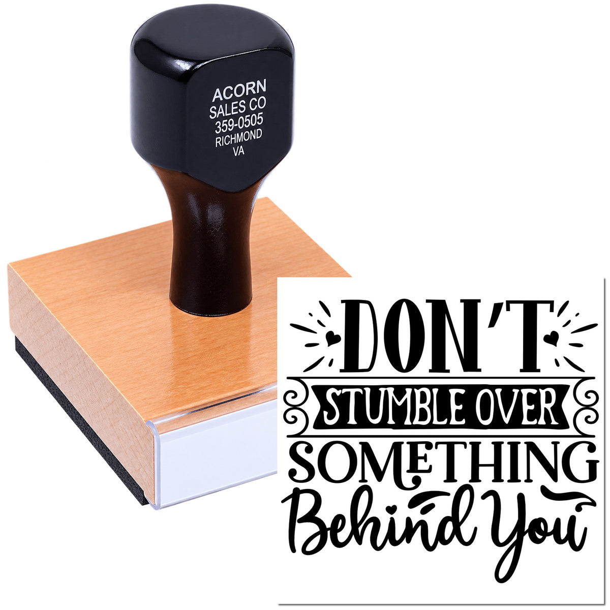 Custom rubber stamp featuring the quote Dont stumble over something behind you for card making and craft projects.