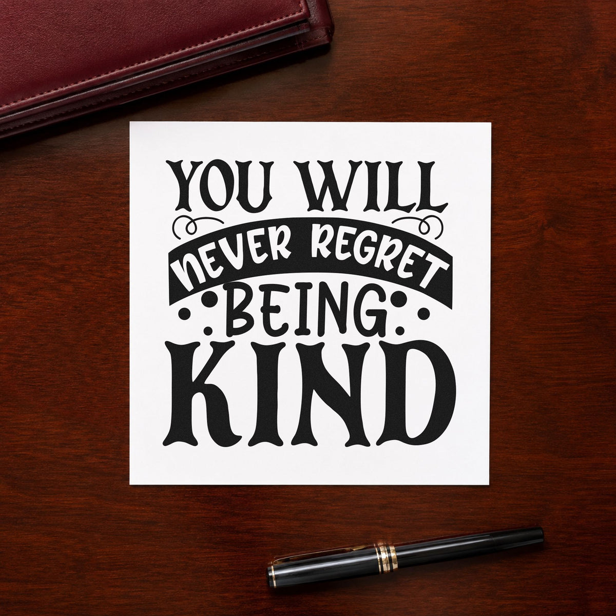 Never Regret Being Kind craft stamp imprint in black ink on a handmade project, one idea being bean bag gift tags.