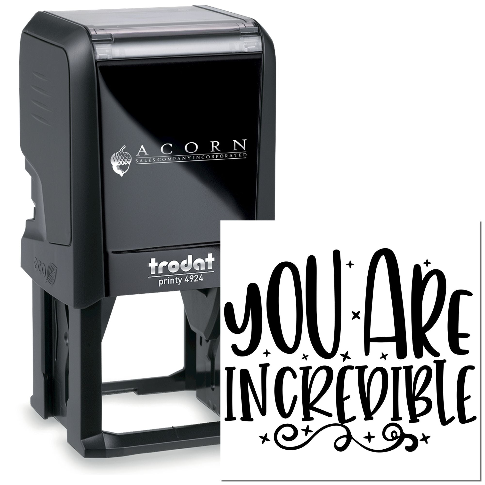 Self-inking rubber stamp with You Are Incredible design, ideal for custom motivational and personalized business stamping.