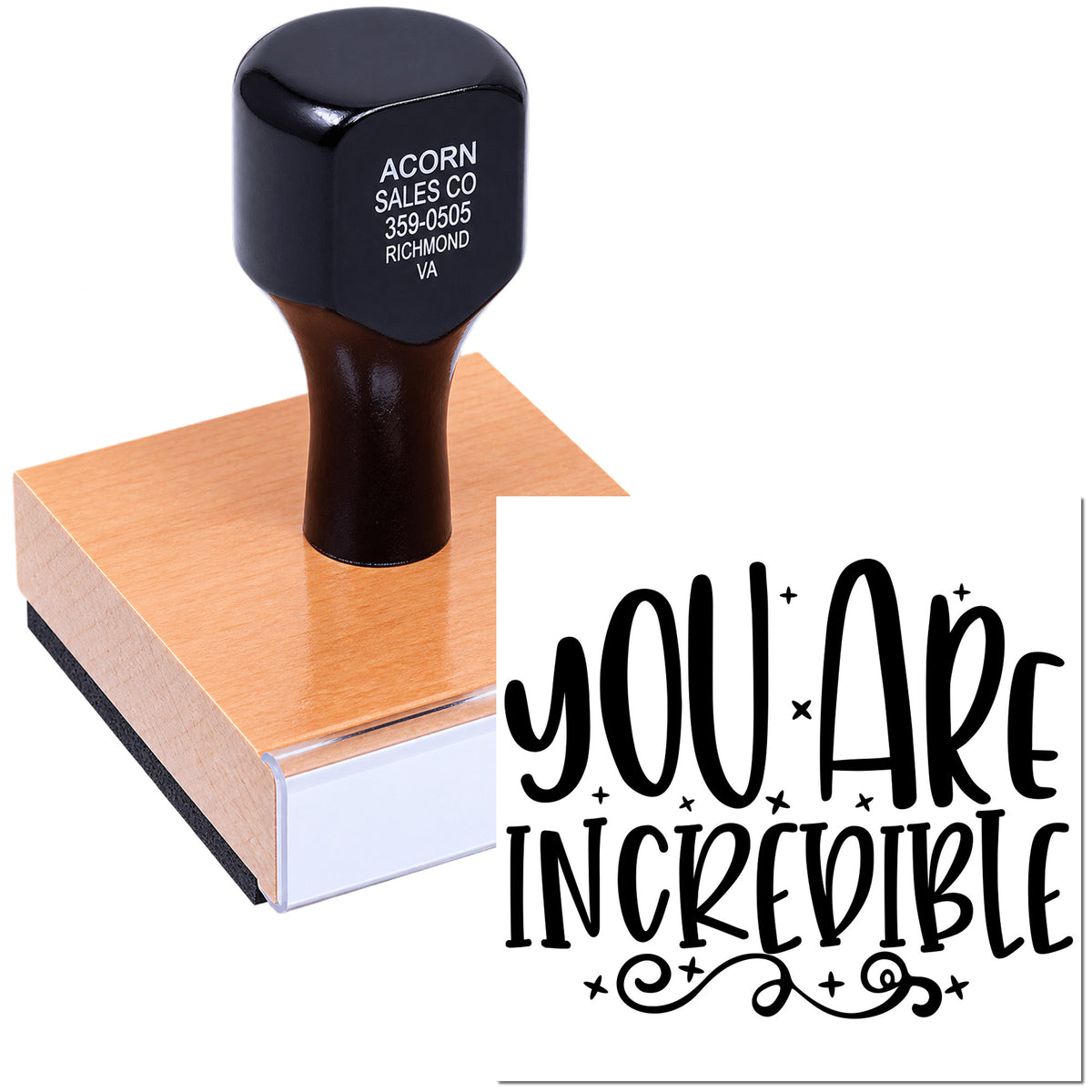 Custom rubber stamp with "You Are Incredible" design, wood-mounted for personalized crafting, gifts, or business branding.