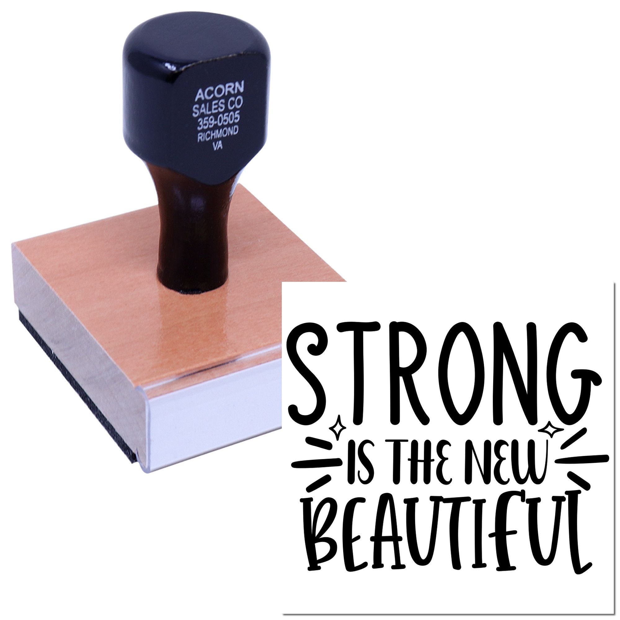 Custom rubber stamp featuring a motivational Strong Is the New Beautiful design for branding and personalized stationery.