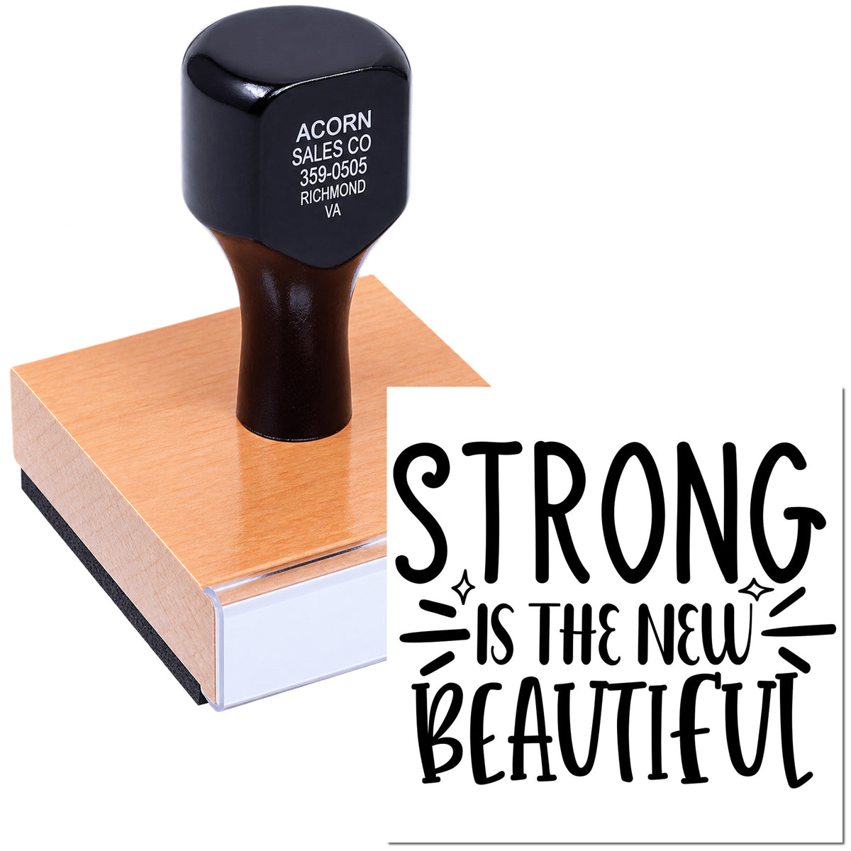 Custom rubber stamp featuring a motivational Strong Is the New Beautiful design for branding and personalized stationery.