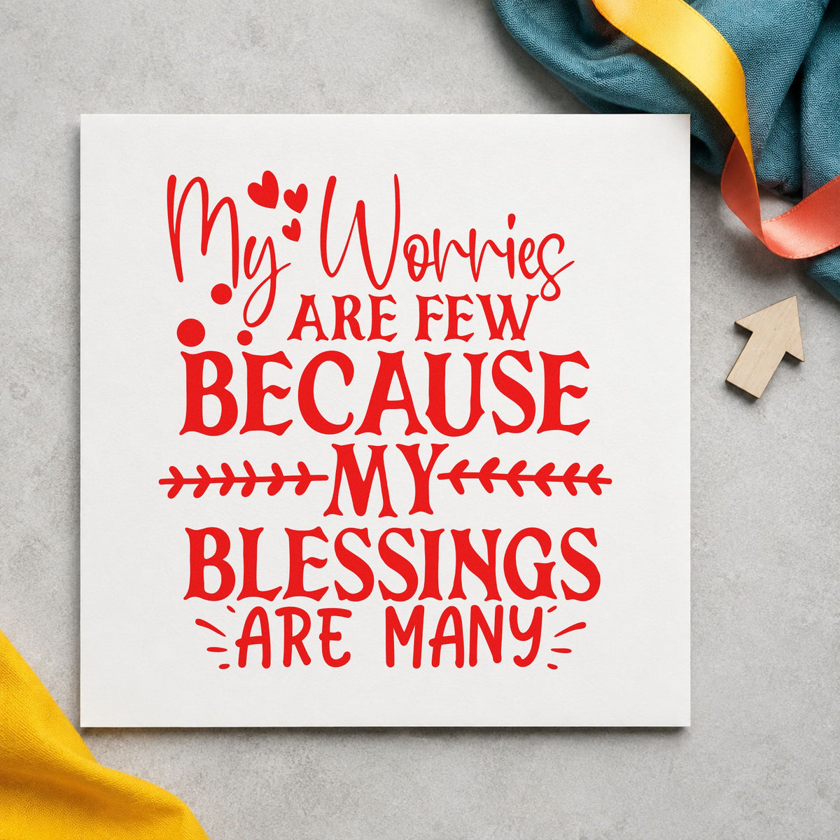 Worries Few Blessings Many rubber stamp shown in red ink, stamped for projects such as shelf serving labels.