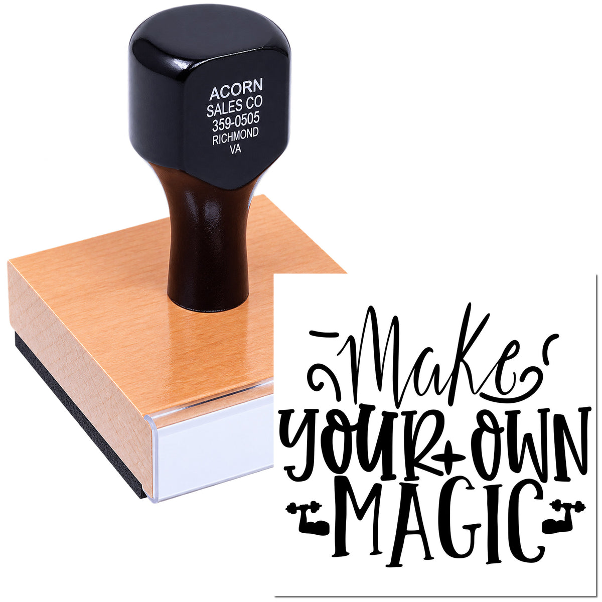 Personalized rubber stamp with Make Your Own Magic design for crafts, branding, and handmade business packaging.