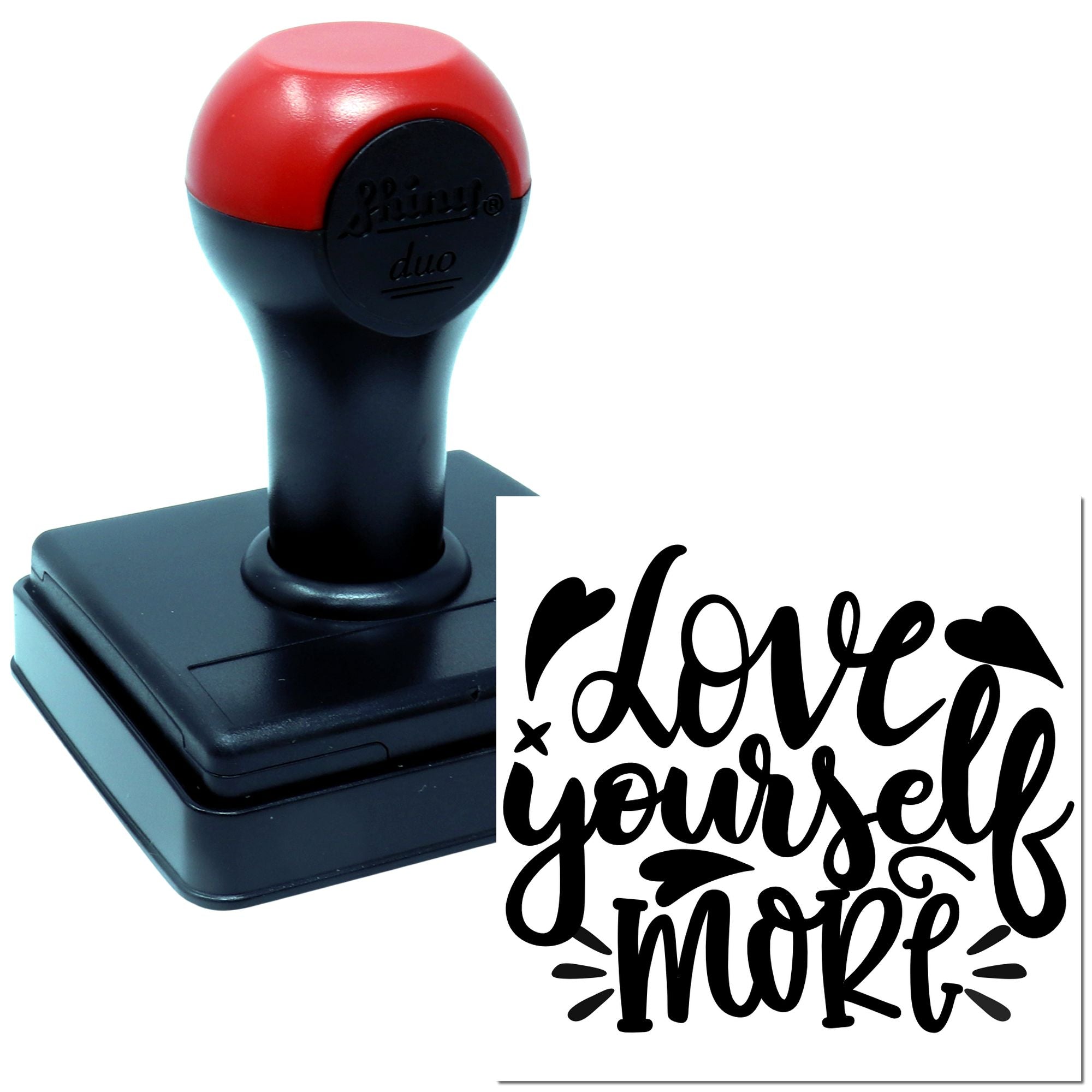 Custom self-inking rubber stamp with love yourself more design for handmade cards, packaging, and branding.