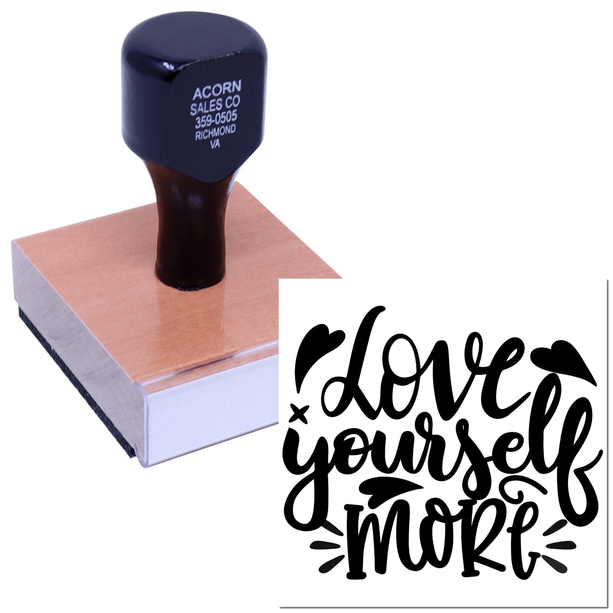 Custom rubber stamp featuring Love Yourself More script design for crafts, cards, and packaging.