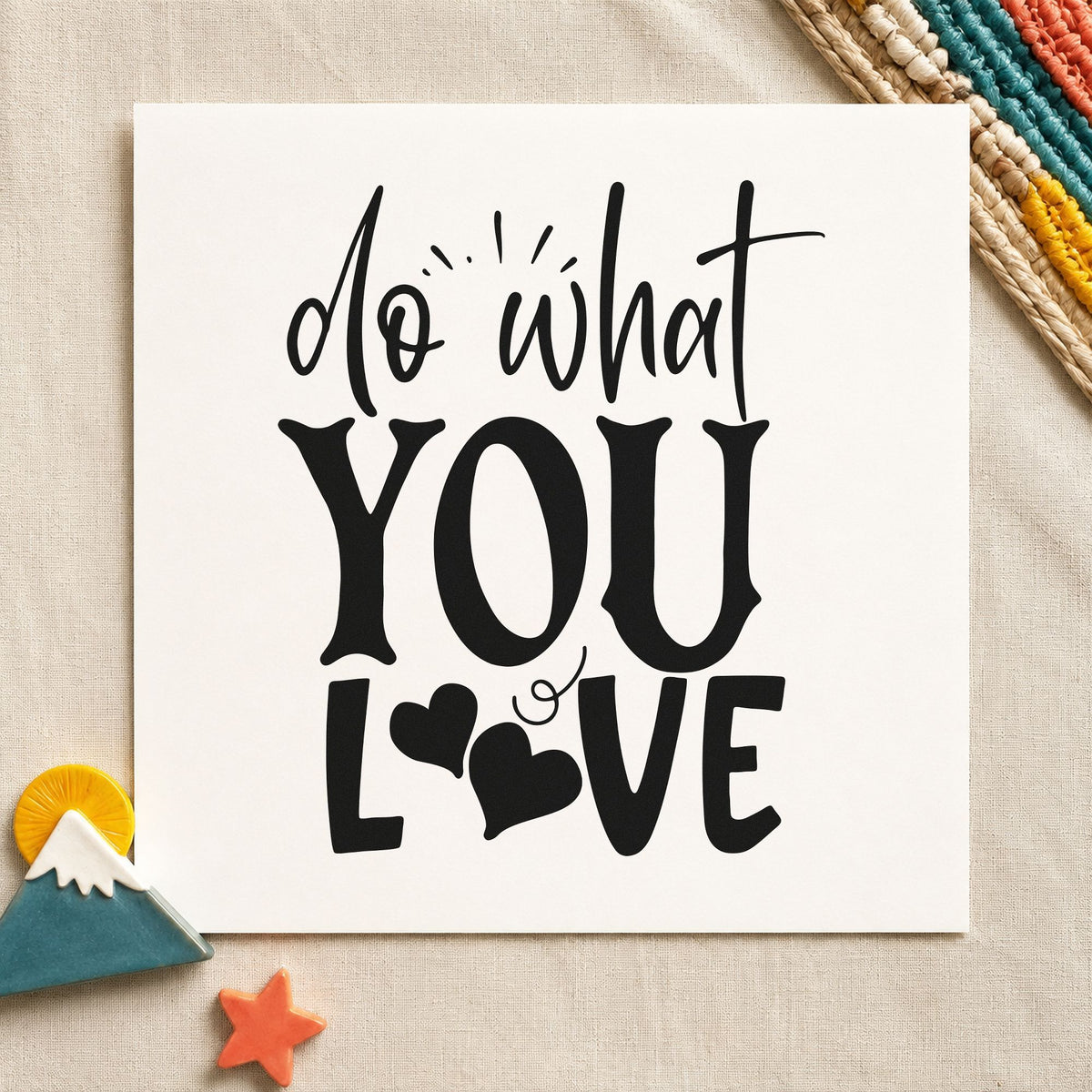 Do What You Love Hearts craft stamp in black ink on cardstock, an easy option for kitchen album page.