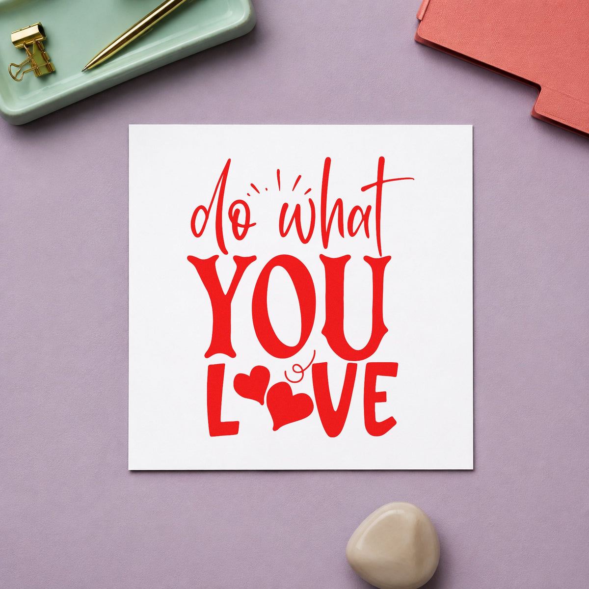 Do What You Love Hearts rubber stamp shown in red ink, stamped for projects such as shelf station labels.