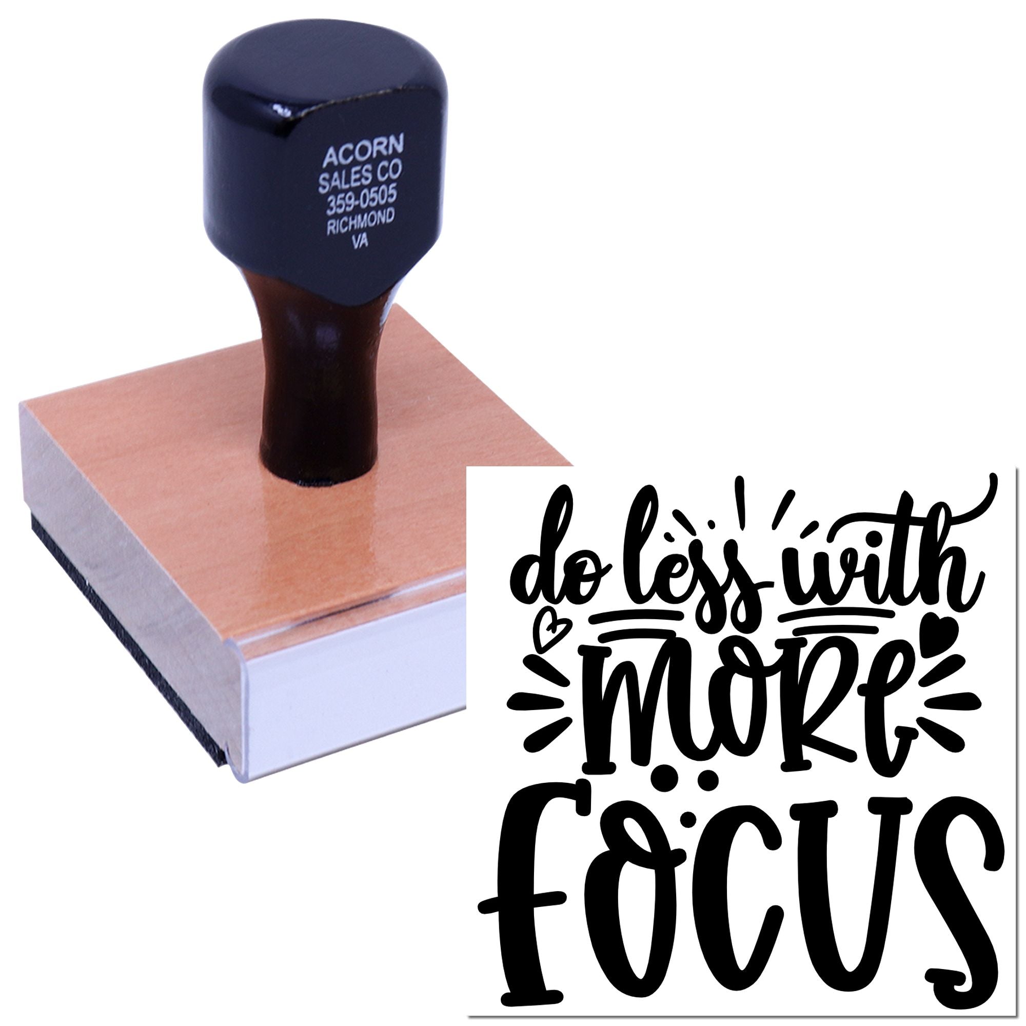 Custom motivational rubber stamp with do less with more focus quote for planners, branding, and craft projects.