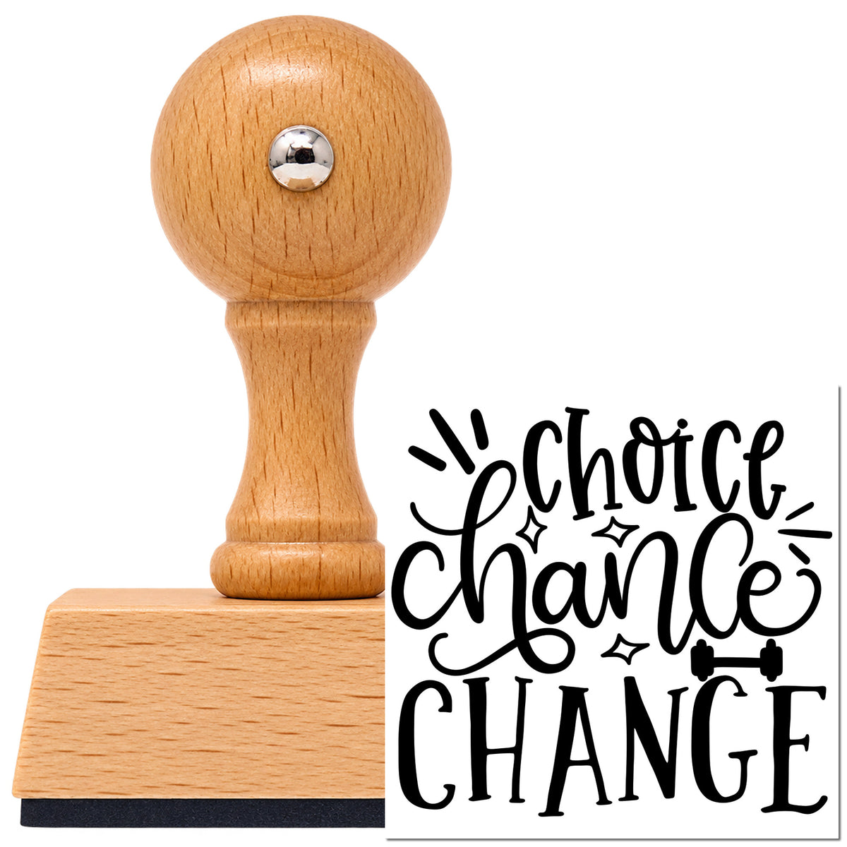 Choice Chance Change Lettering Vintage Pro rubber stamp in European beech wood with a round knob handle, shown beside its black imprint.