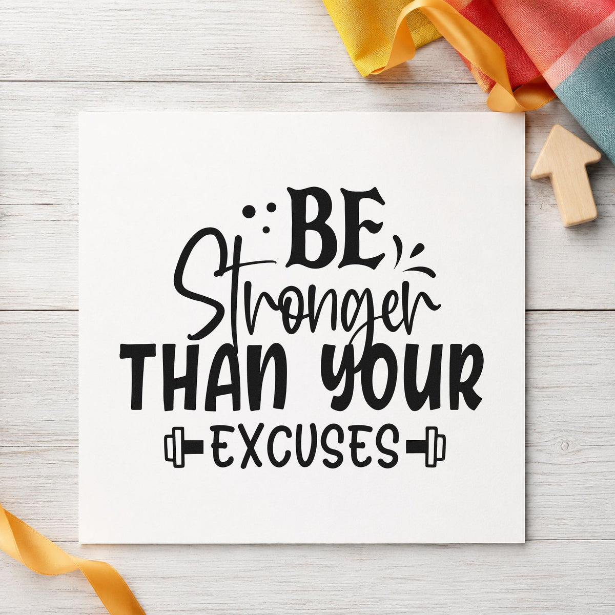 Be Stronger Than Excuses Dumbbells rubber stamp printed in black ink, ready for two dumbbell cards and similar paper crafts.