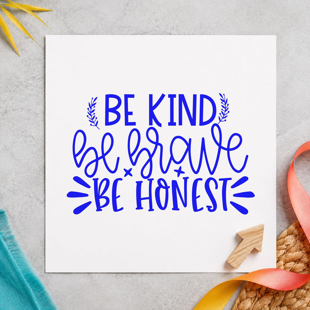 Be Kind Brave Honest craft stamp in blue ink on cardstock, an easy option for troop flag printing.