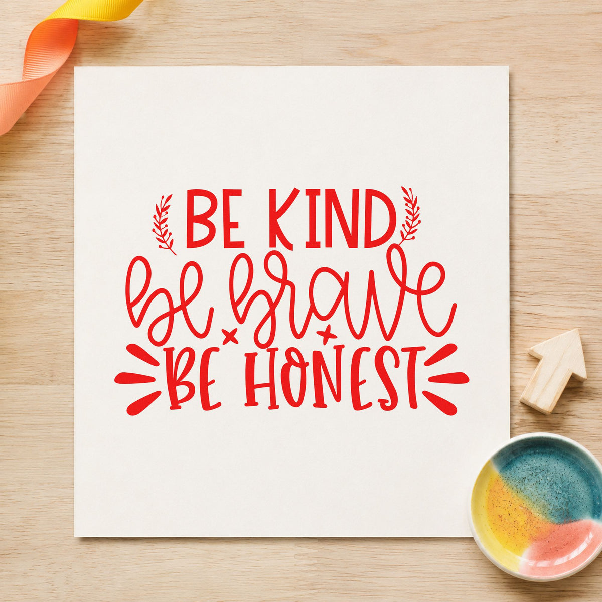 Be Kind Brave Honest rubber stamp shown in red ink, stamped for projects such as bin camp labels.