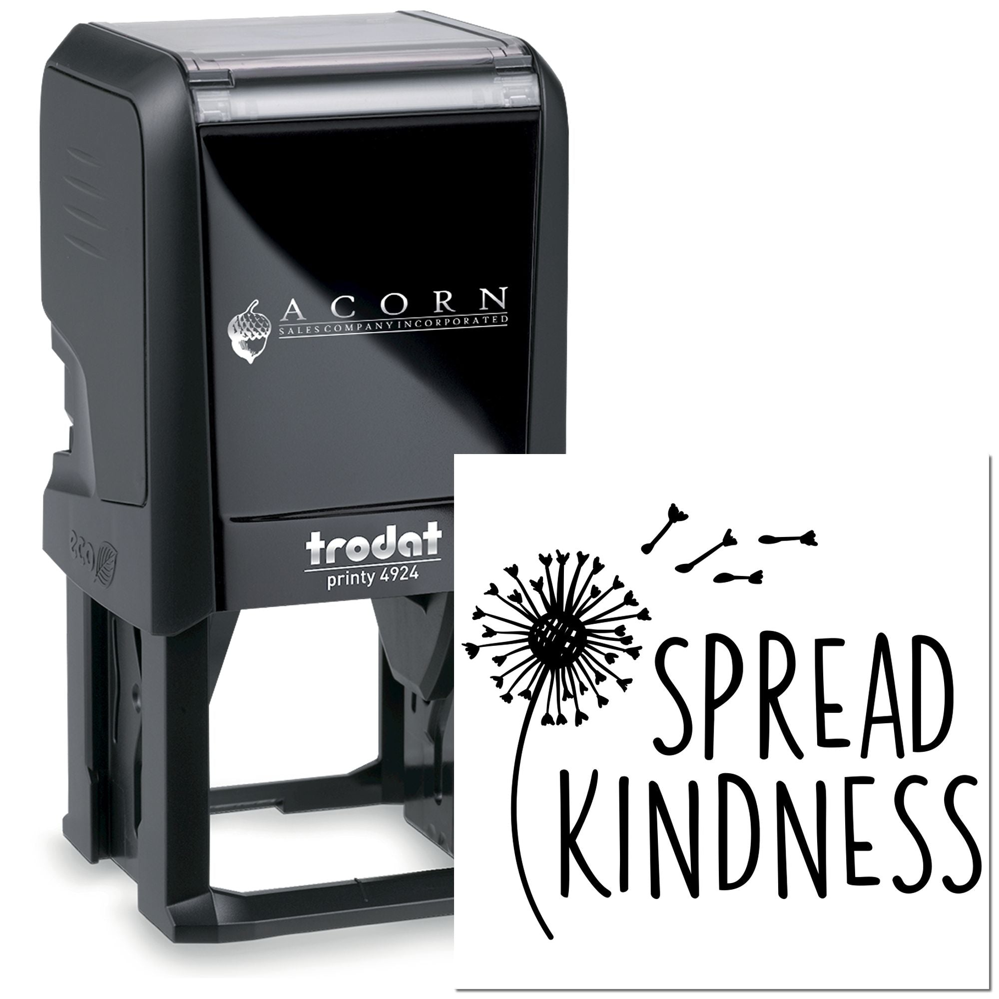 Trodat self-inking custom rubber stamp with Spread Kindness dandelion design for personalized branding and uplifting messages.