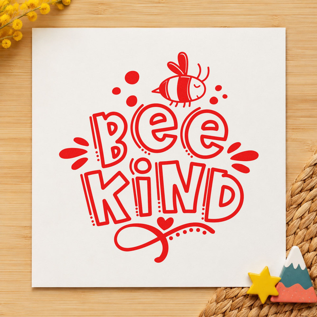 Bee Kind Bee Illustration rubber stamp shown in red ink, stamped for projects such as hive number labels.
