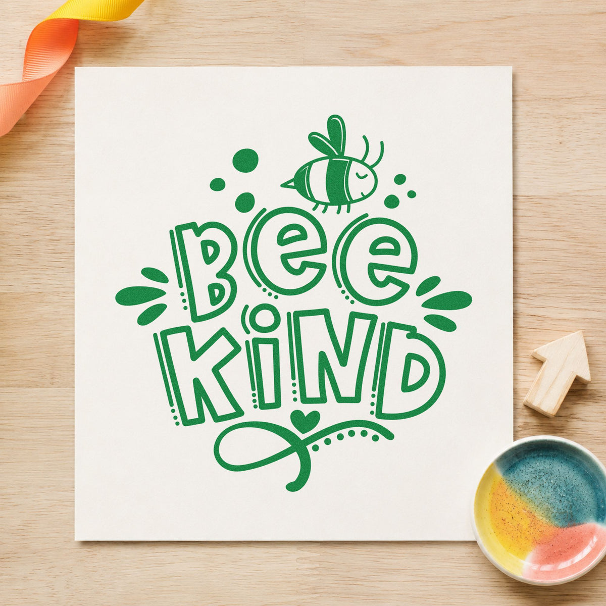 Bee Kind Bee Illustration craft stamp imprint in green ink on a handmade project, one idea being harvest note cards.