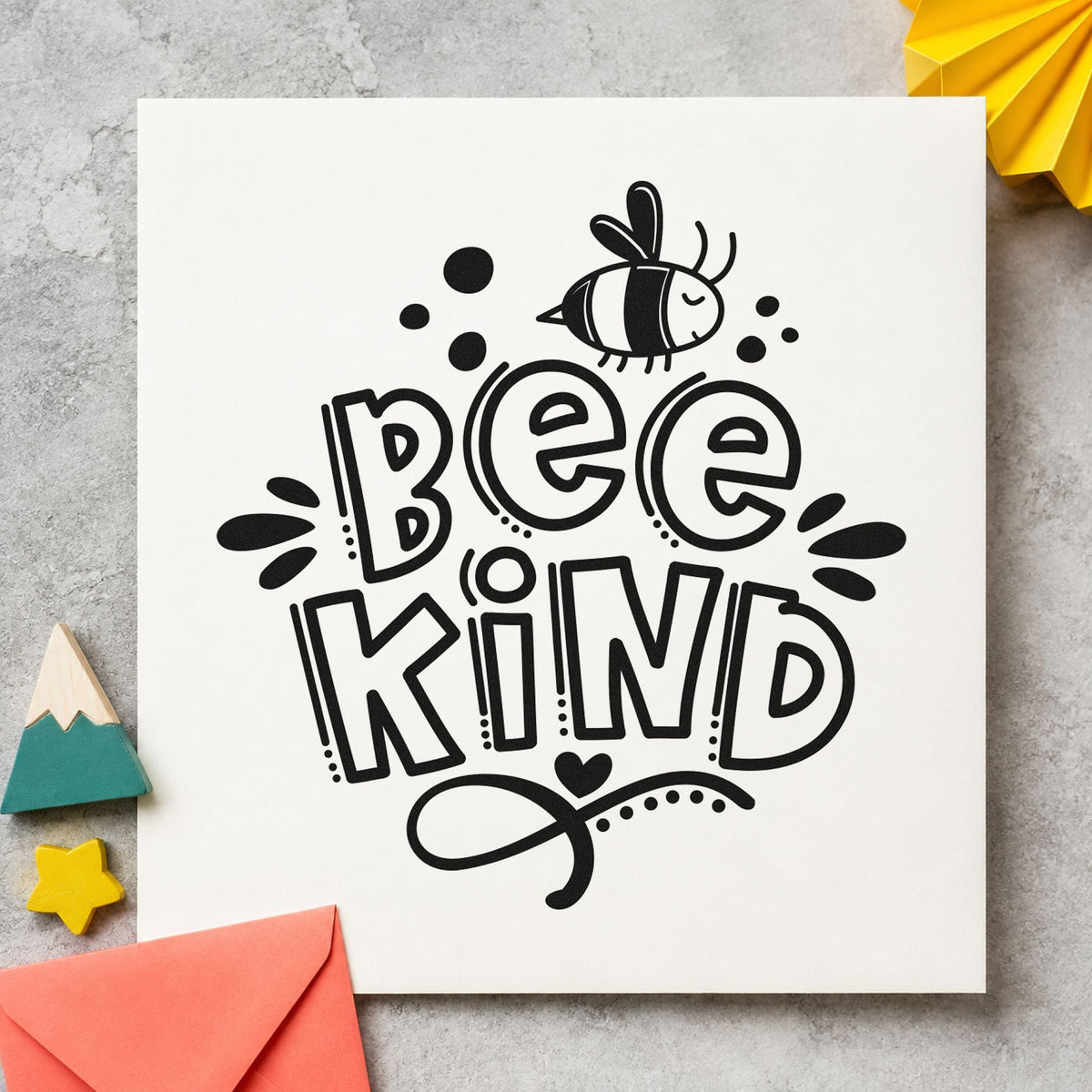Bee Kind Bee Illustration rubber stamp printed in black ink, ready for looping bee cards and similar paper crafts.