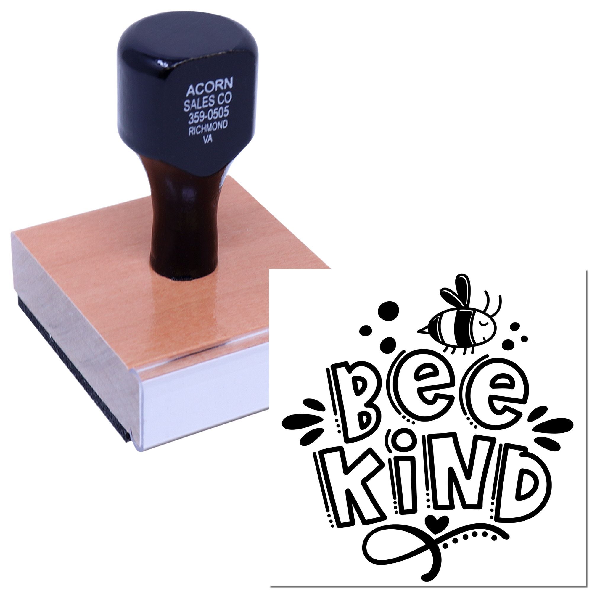 Custom Bee Kind rubber stamp with bee design, perfect for crafts, packaging, and handmade product labels.