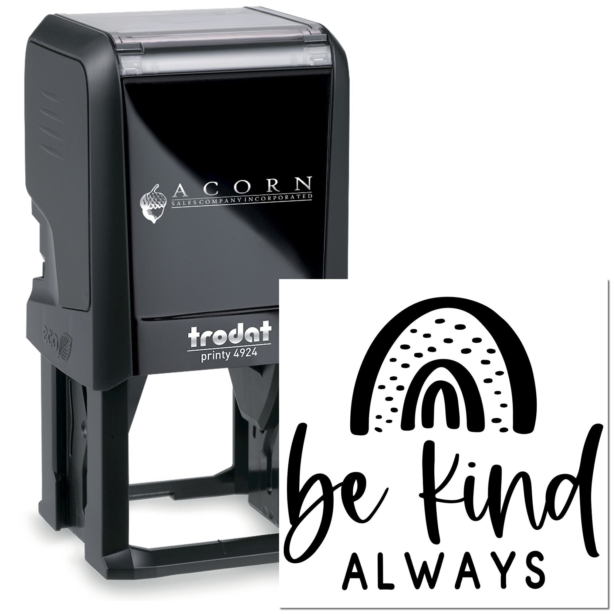 Trodat Printy 4924 custom self-inking rubber stamp with be kind always rainbow design for personalized business use.