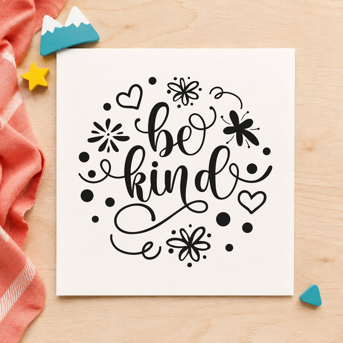 Be Kind Flowers Hearts craft stamp in black ink on cardstock, an easy option for swap album page.