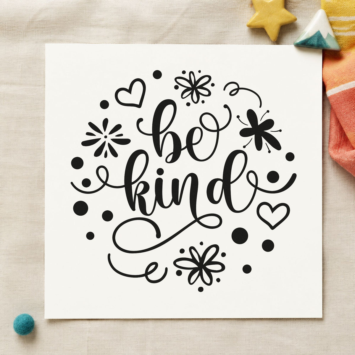 Be Kind Flowers Hearts rubber stamp printed in black ink, ready for swap signup sheet and similar paper crafts.