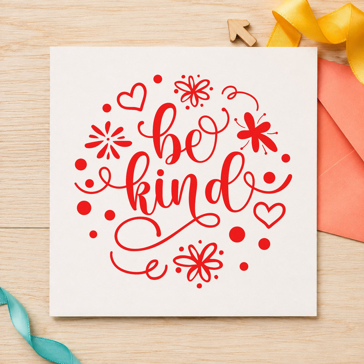 Be Kind Flowers Hearts rubber stamp shown in red ink, stamped for projects such as pot variety labels.