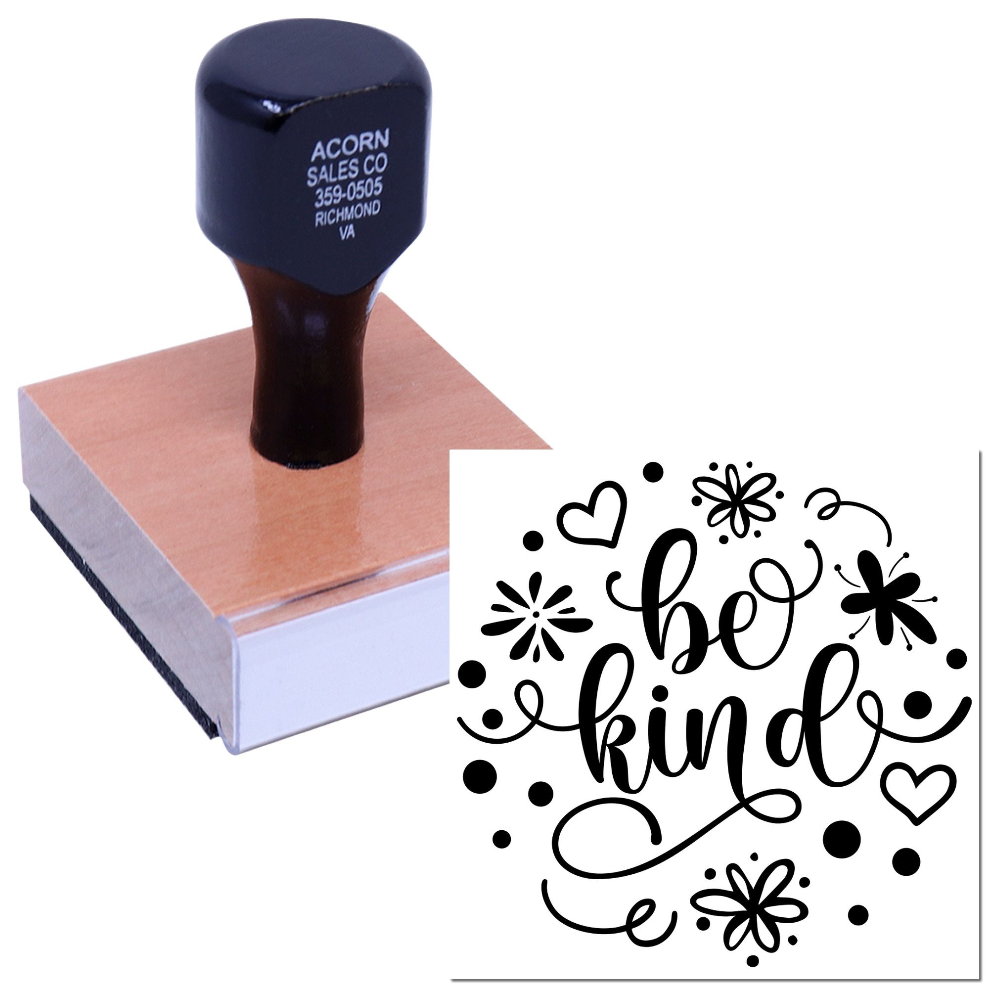 Custom rubber stamp with be kind quote and decorative hearts, flowers, and dots for crafting, cards, and packaging.