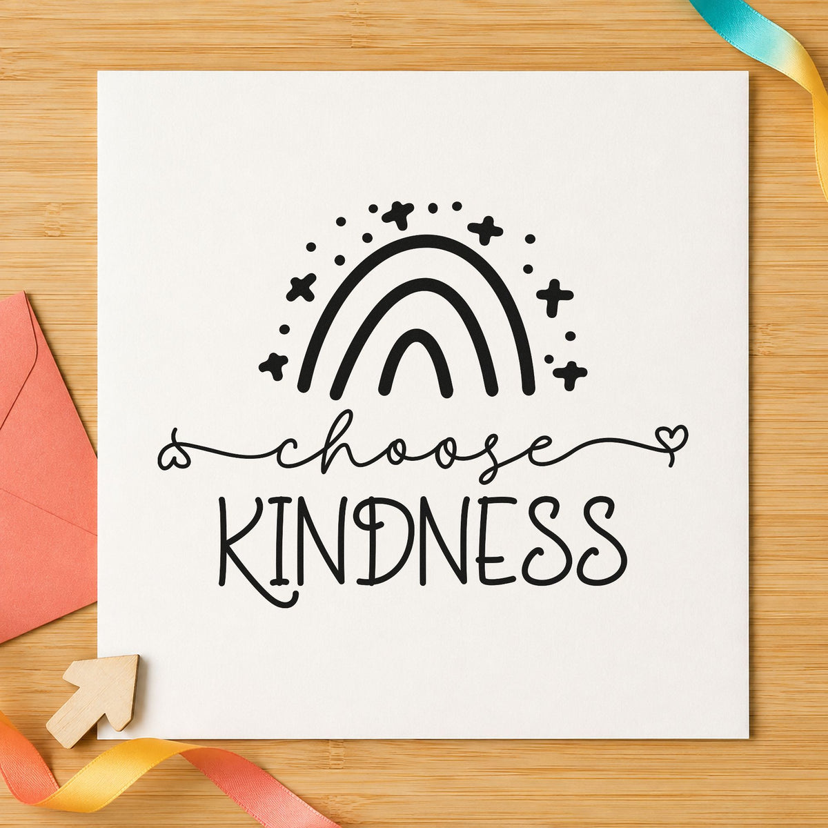 Choose Kindness Starry Rainbow craft stamp imprint in black ink on a handmade project, one idea being book bag gift tags.