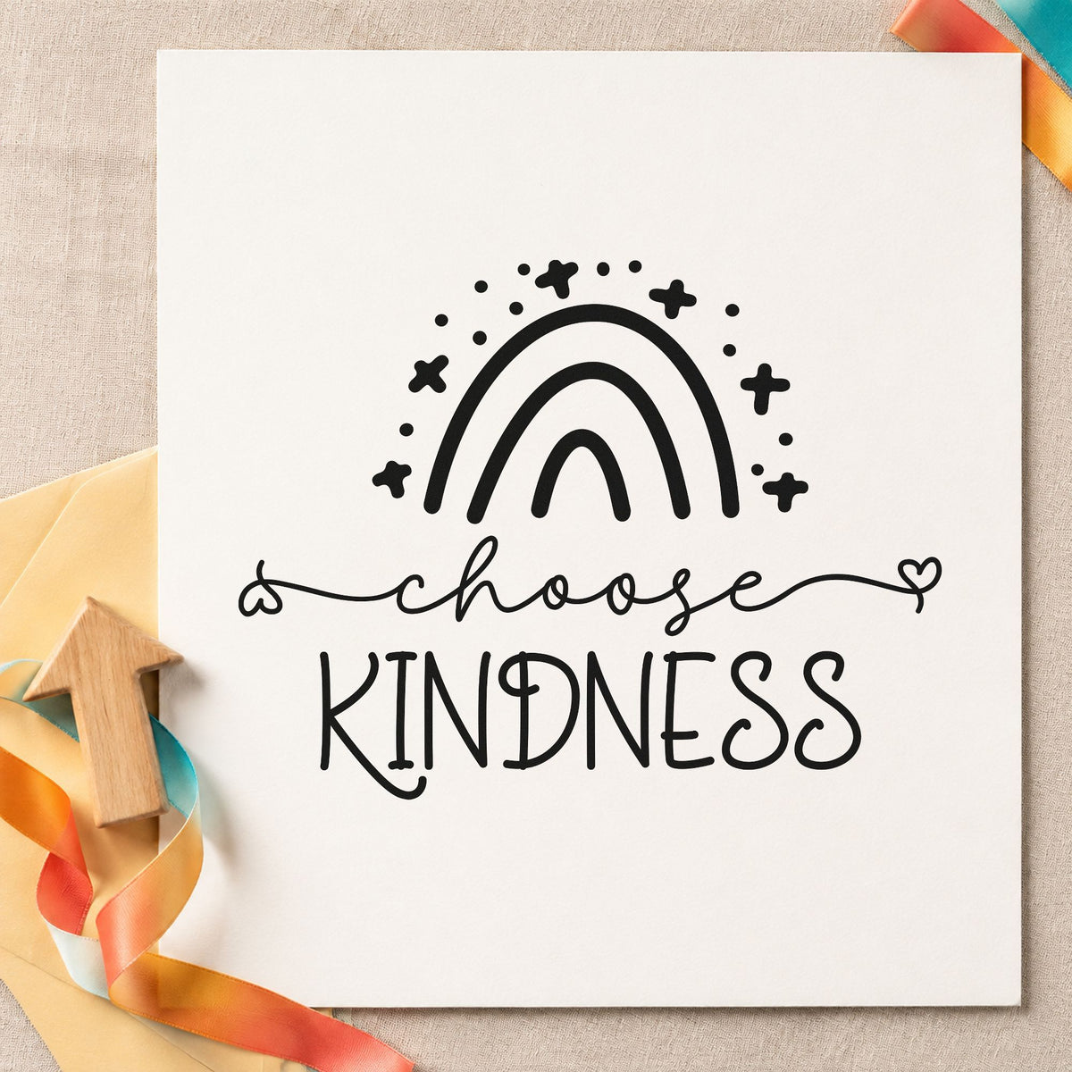 Choose Kindness Starry Rainbow rubber stamp printed in black ink, ready for sparkle arc cards and similar paper crafts.