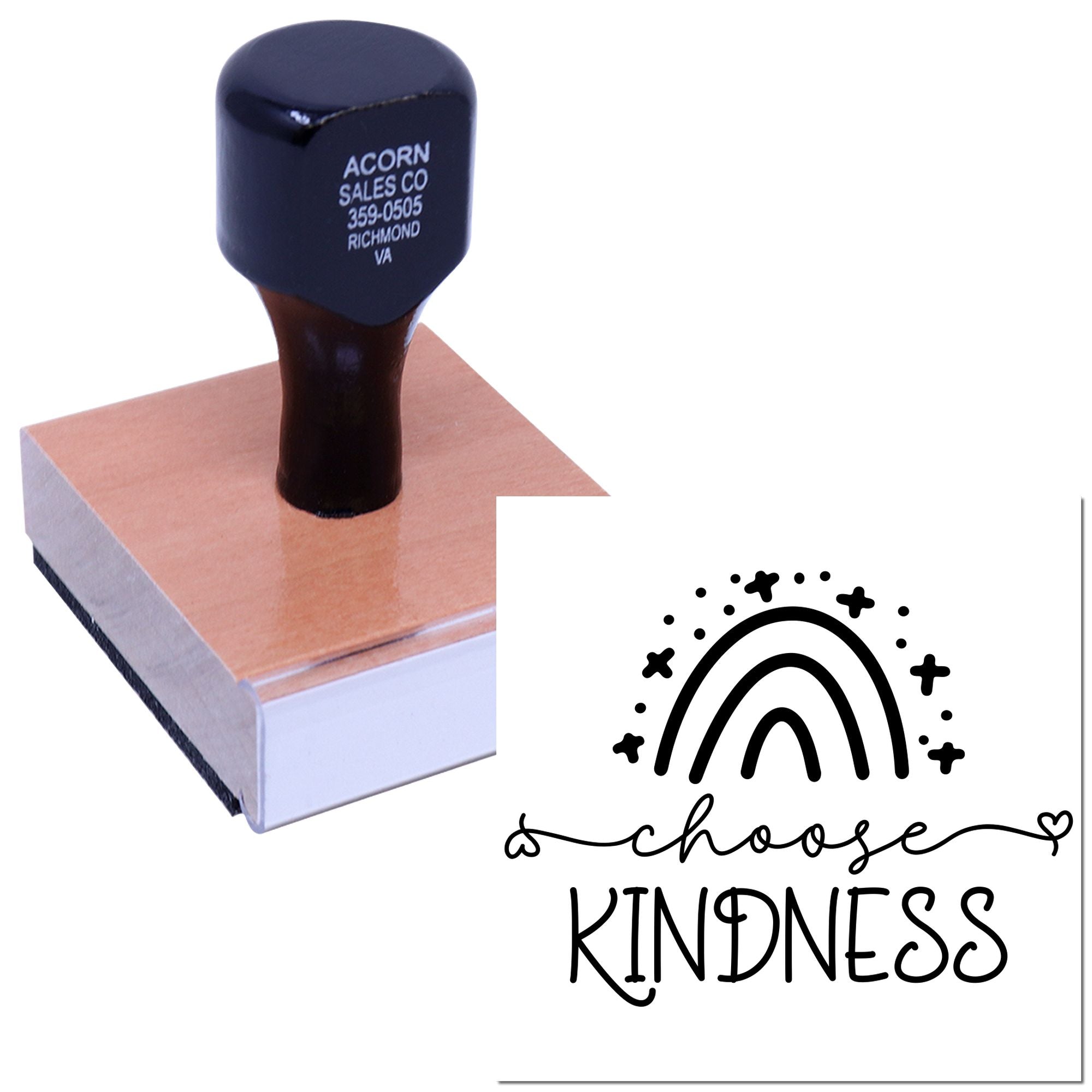 Custom rubber stamp with Choose Kindness rainbow design for crafts, branding, and uplifting messages.
