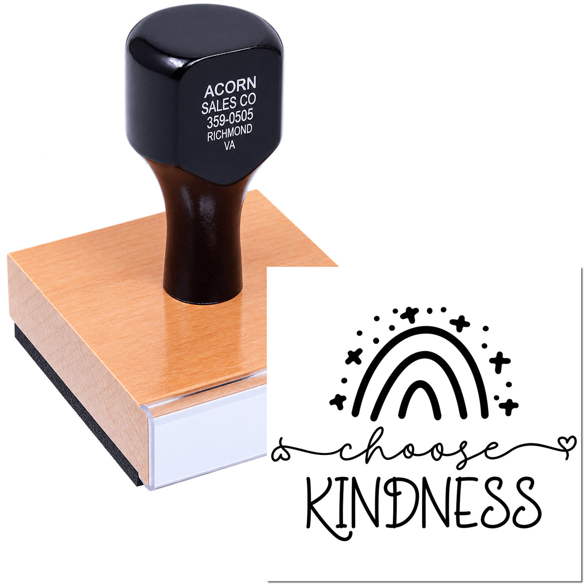 Custom rubber stamp with Choose Kindness rainbow design for crafts, branding, and uplifting messages.