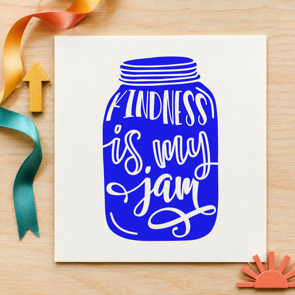 Kindness Is My Jam Jar craft stamp imprinted in blue ink on paper, a design suited to framed back room.