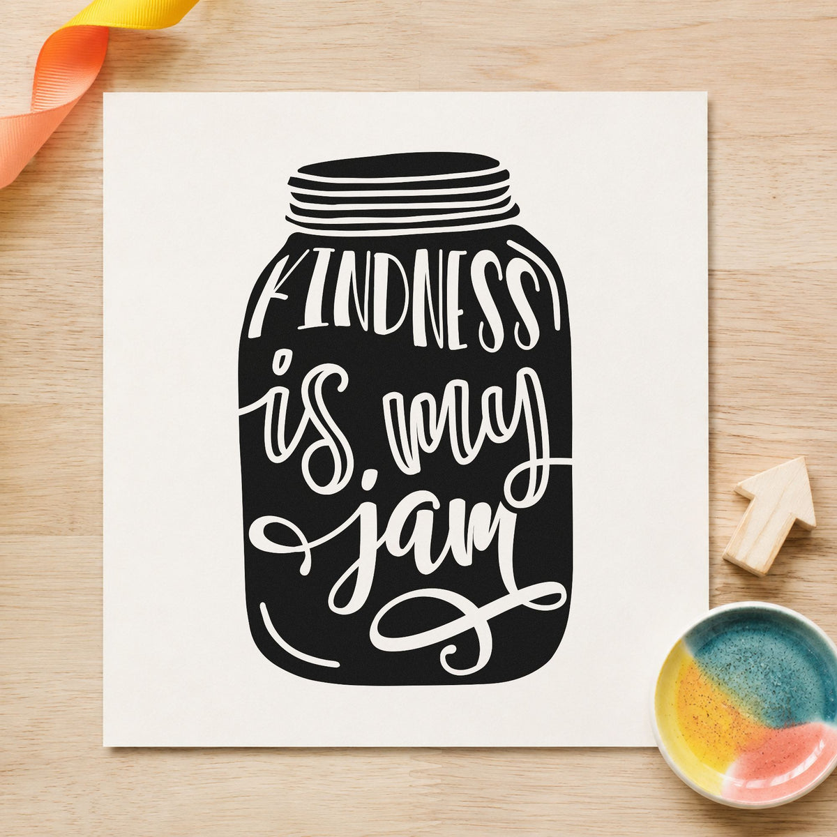 Kindness Is My Jam Jar rubber stamp printed in black ink, ready for dark jar cards and similar paper crafts.
