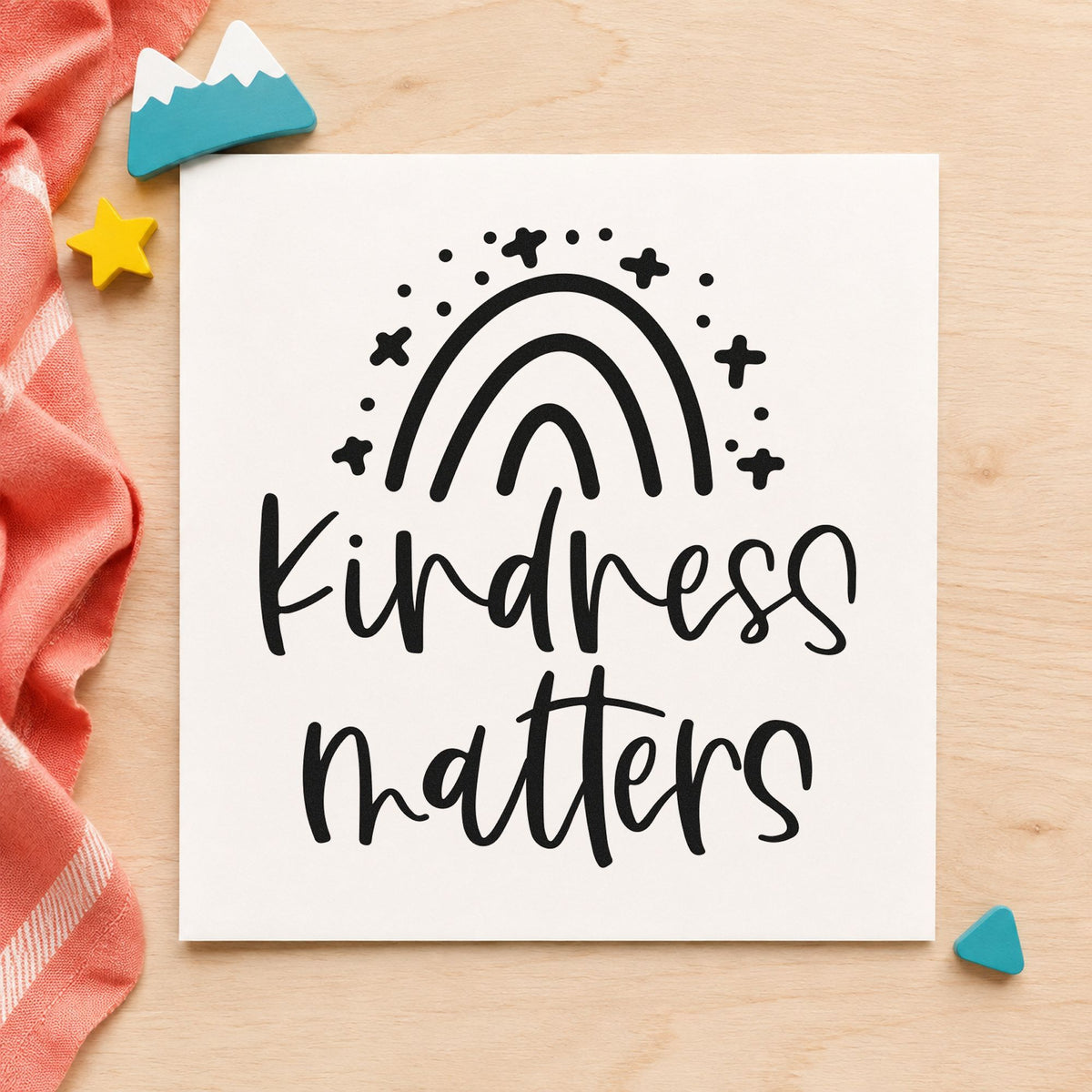 Kindness Matters Starry Rainbow craft stamp imprint in black ink on a handmade project, one idea being snack duty gift tags.