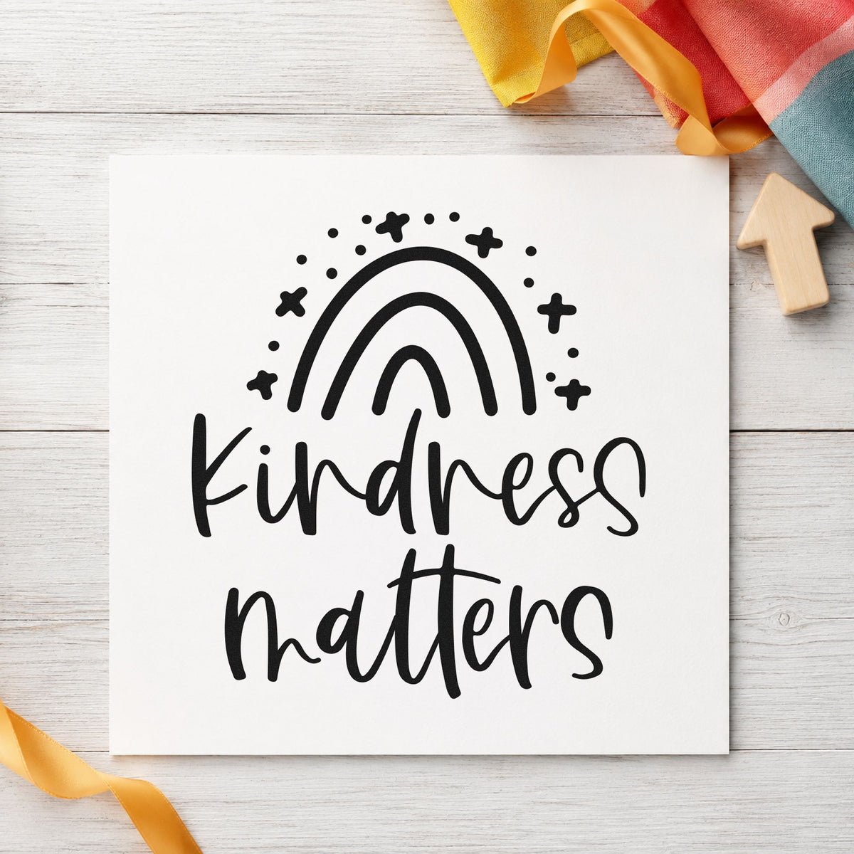 Kindness Matters Starry Rainbow rubber stamp printed in black ink, ready for snack rota sheet and similar paper crafts.
