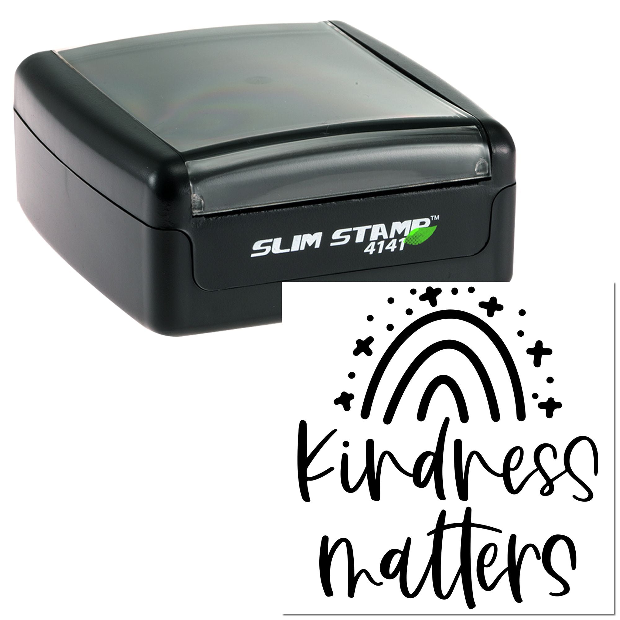 Self-inking rubber stamp with kindness matters rainbow design for custom motivational stamping.